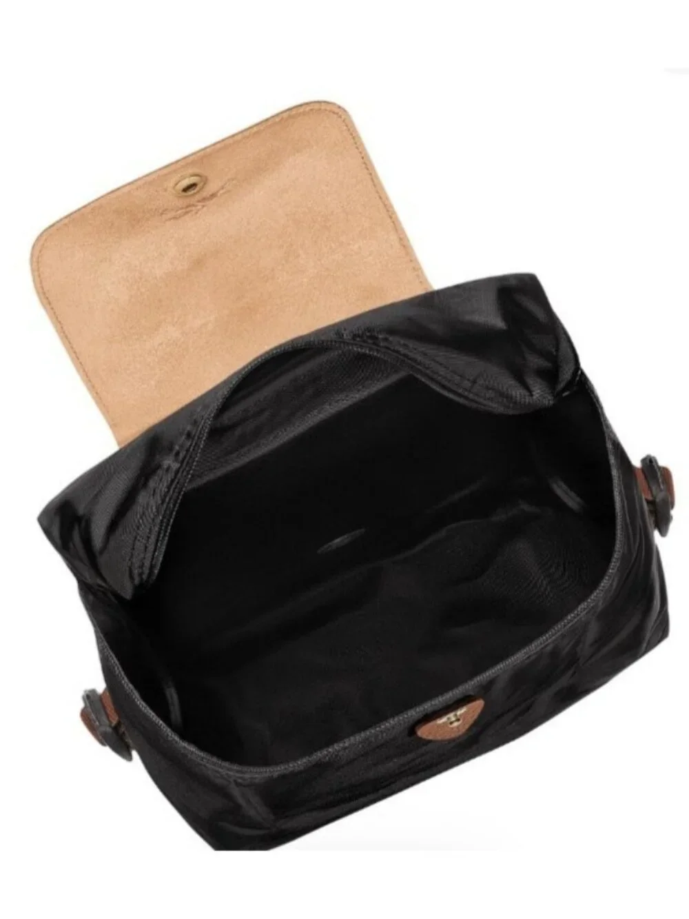 Longchamp Le Pliage Backpack Black Nylon Brown Leather Foldable NWOT
